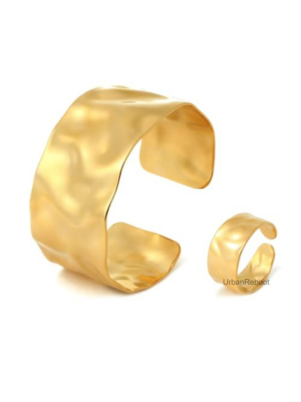 Open Cuff Bangle Bracelet Chunky Hammered Stainless Steel with 18K Gold Plating